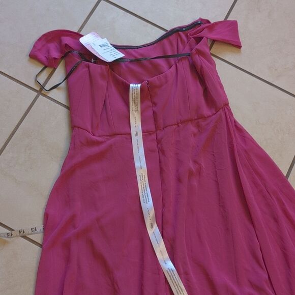 NWT After Six Off-the-Shoulder Maxi Dress Fushia Basque Neck Flounce Sleeves 12 - Picture 11 of 14
